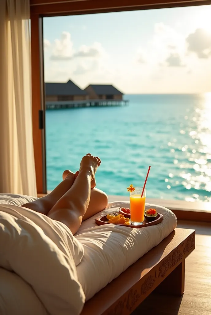 POV - You just woke up in a luxurious overwater villa in the Maldives. Your smooth, sun-kissed legs stretch out on a king-size bed covered in soft, white linen sheets with delicate creases from your sleep. The warm wooden floor, polished and rich in textur...