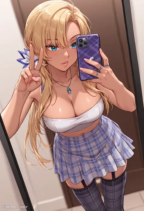 a girl in plaid stockings holding a phone while  taking a selfie, 1girl, phone, breasts, ring, solo, cellphone, jewelry, skirt, cleavage, blonde hair, necklace, holding phone, selfie, thighhighs, smartphone Fiona the Fox (sonic) Illustrious