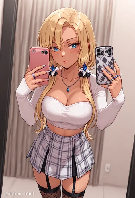 a girl in plaid stockings holding a phone while  taking a selfie, 1girl, phone, breasts, ring, solo, cellphone, jewelry, skirt, cleavage, blonde hair, necklace, holding phone, selfie, thighhighs, smartphone Fiona the Fox (sonic) Illustrious