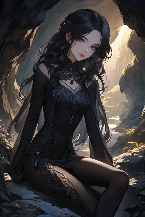 In the cave，The upper body is human and the lower body is，Royal sister，black tights， Full Body ， fair skin，black wavy long hair， exquisite，wallpaper