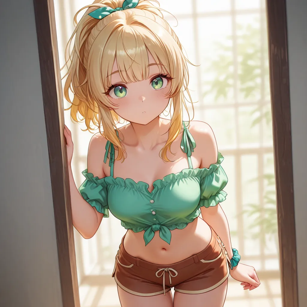 A petite and attractive blonde girl. She is dressed very cutely and comfy. She has flowered hair that is tied into a loose ponytail. ((Shorts)) (medium breasts), (bangs) (green eyes) 