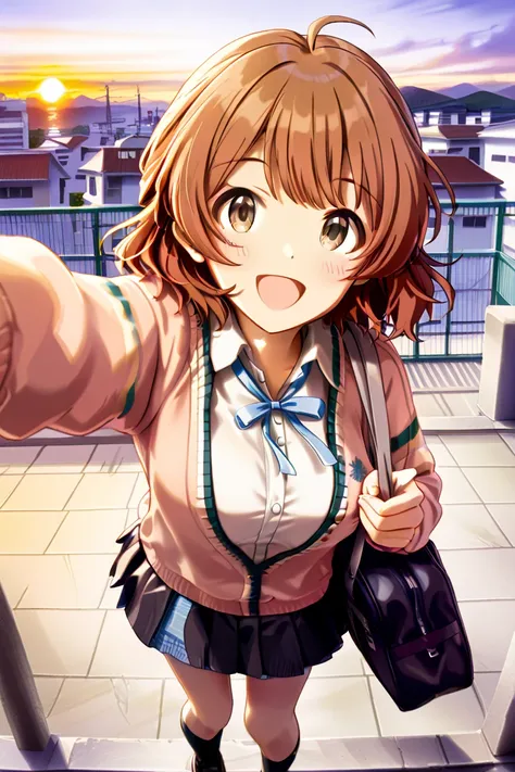 TOP QUALITY, masterpiece, high definition, Alone, Hanami Yume _Gakuen Idolmaster, Medium Short Hair, orange-brown hair, brown eyes,  height 158 cm, 1 girl,  high school uniform,  zitoida, larger breasts, school bag, first-person perspective, High school ro...