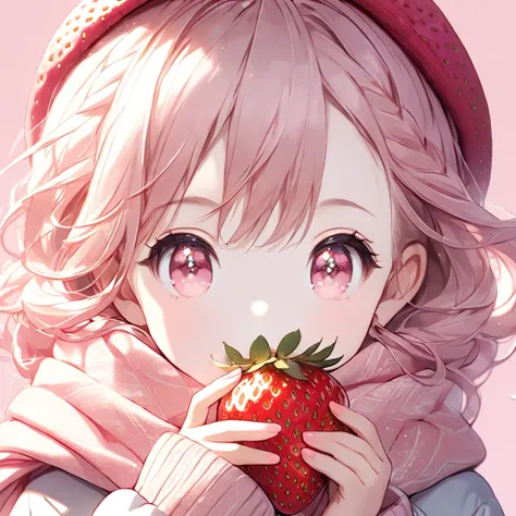 Perfect hands, anime, (((front1.5))), (((upper body))), One girl, (((age 8))), smile, lolish, Pale skin, sparkling eyes, cute, makeup, subtle and dynamic, shadow effect, rim light, Pink lips, open lips, braided pigtails, (eating strawberry: 1.2), (cute win...