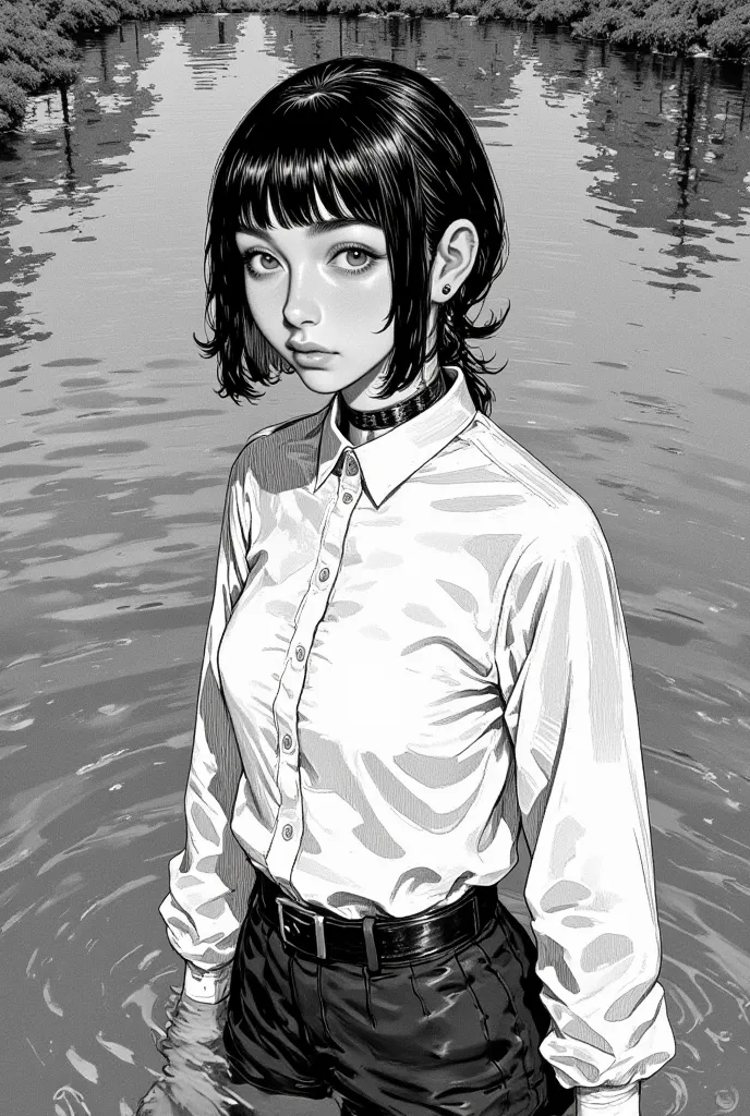  a woman is in a lake , 
the water reaches your knee, 
 She's standing,  is completely naked, short black hair, You are facing, (black and white manga art style)