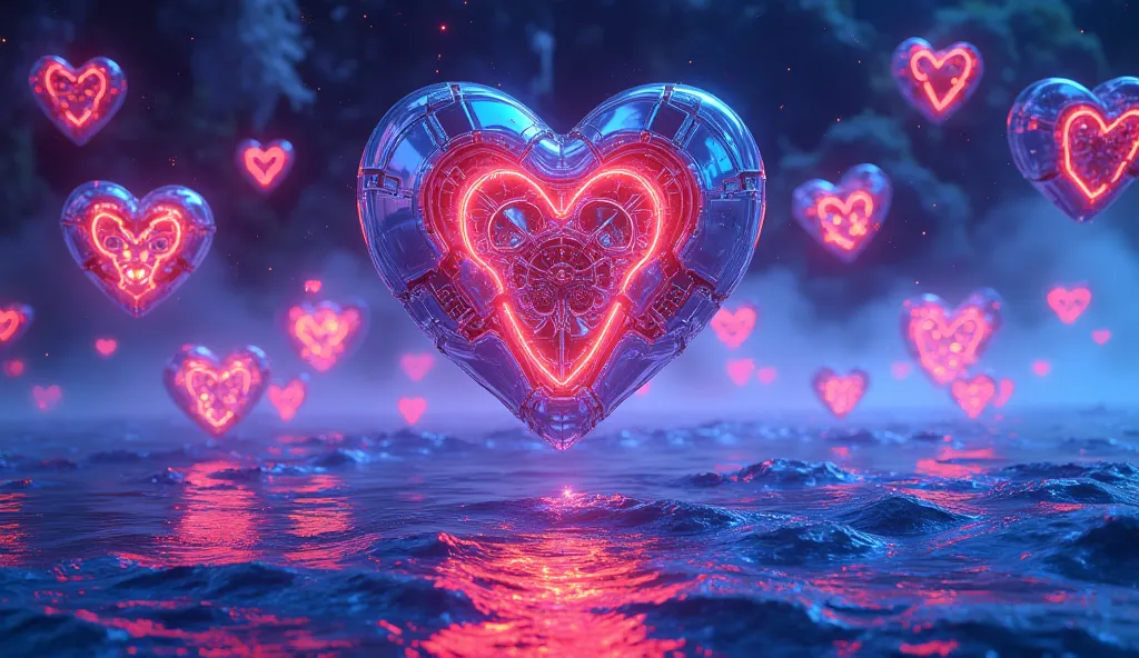 robotic Hearts flowing above the ocean. Neon Glow