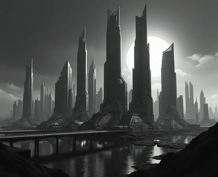 Futuristic skyline city,  black white , concept art stil