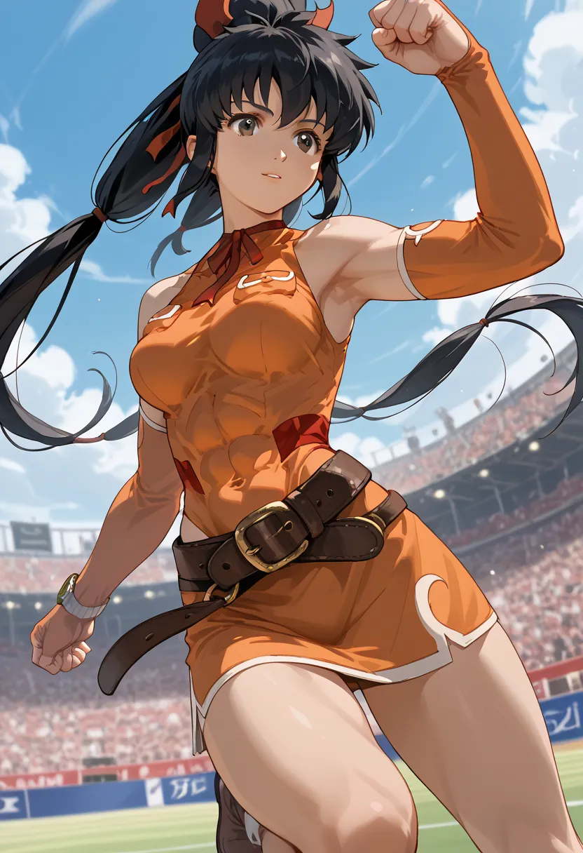  abs、 Six Pack、Show your belly、 popup、chestの谷間、 score_9, score_8_up, score_7_up, Lisa_pacifist,   black hair, 1 girl, Alone, ponytail, twin tails,  long hair, chest,   black hair, brown eyes,  while tasting,  detachable sleeves,  shoulder out, ribbons, bel...