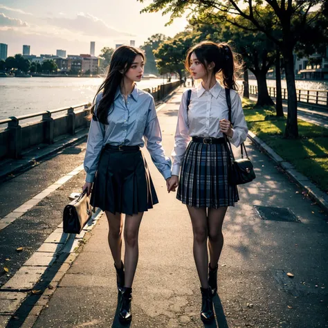 (masterpiece, highest quality, official art, beauty and aesthetic, the most important work), perfect anatomy, (two stunning school girls are deeply in love with each other:1.2), eye contact, open mouth, have a pleasant conversation, walked arm in arm, roma...