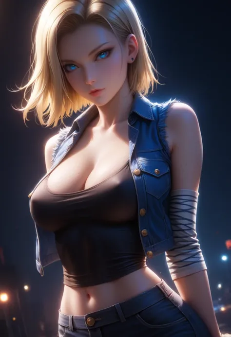 Asian girl Android 18, perfect body, big breasts, showing off her breasts, sexy, sexy, beautiful short blonde hair, deep blue eyes, blue denim vest with yellow buttons, tight black tank top, striped sleeves, realistic anime style, extremely detailed lighti...