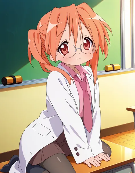 very aesthetic, high definition, amazing quality, masterpiece, best quality, highres, absurdres, sensitive, newest, anime screenshot, screencap, anime coloring, 1girl, solo, sakuraba hikaru, lucky star, orange hair, two side up, red eyes, white coat, pink ...