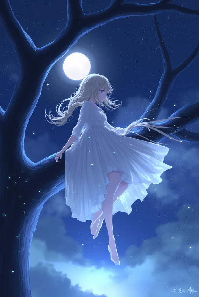 Soft anime, beautiful girl,, long hair, floating hair, glowing hair, white dress,
 night scene,moon in the sky,,starry night,dreamlike atmosphere,glowing edges,mystical,high contrast,ethereal light,sitting on a tree branch,light particles,