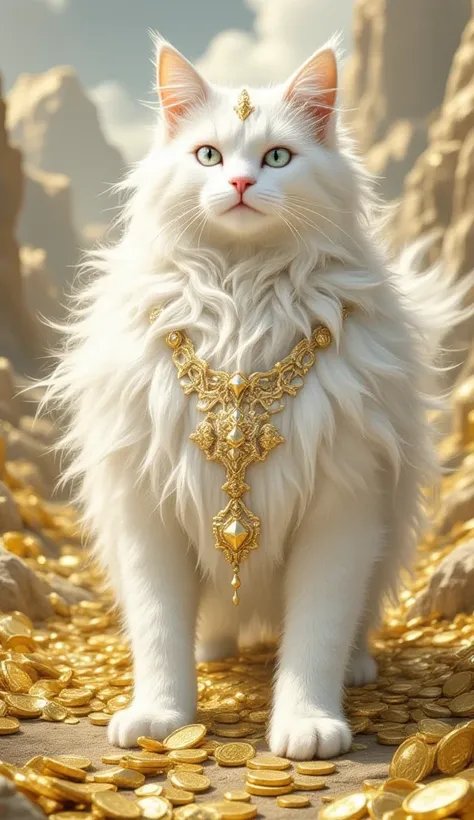 (best illumination, best shadow, masterpiece, best quality),  white  king cat majestic, intimidating, powerful, epic, royal armor of white and gold with intricate details, clean lines, perfect illustration,The surrounding scenery is golden mountains, lots ...