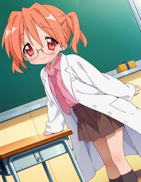 very aesthetic, high definition, amazing quality, masterpiece, best quality, highres, absurdres, sensitive, newest, anime screenshot, screencap, anime coloring, 1girl, solo, sakuraba hikaru, lucky star, orange hair, two side up, red eyes, white coat, pink ...