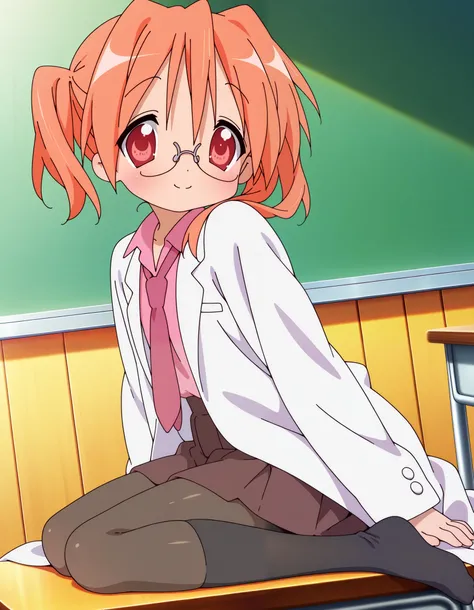 very aesthetic, high definition, amazing quality, masterpiece, best quality, highres, absurdres, sensitive, newest, anime screenshot, screencap, anime coloring, 1girl, solo, sakuraba hikaru, lucky star, orange hair, two side up, red eyes, white coat, pink ...