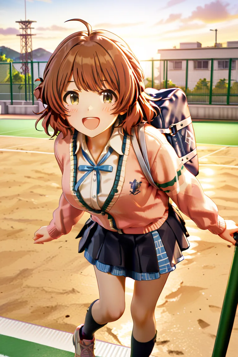 TOP QUALITY, masterpiece, high definition, Alone, Hanami Yume _Gakuen Idolmaster, Medium Short Hair, orange-brown hair, brown eyes,  height 158 cm, 1 girl,  high school uniform,  zitoida, larger breasts, school bag, first-person perspective, High school ro...