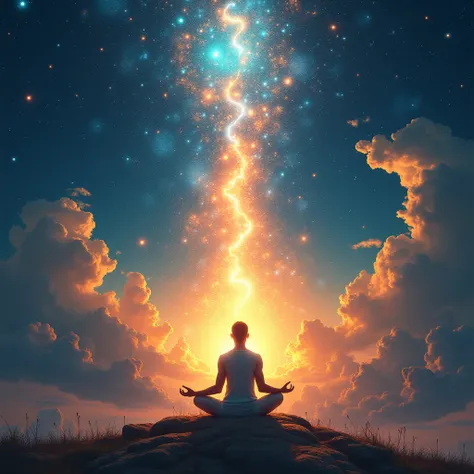 Create a series of stunning images that represent the Law of Attraction. Each image should visually symbolize manifestation, positive energy, and the connection between mind and universe. Include symbolic elements like stars, cosmic clouds, glowing crystal...