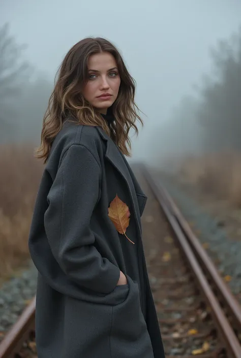 A full-body, high-resolution portrait of a woman walking alone along abandoned railway tracks on a misty autumn morning. She wears a long, oversized wool coat draped over her shoulders, its fabric slightly damp from the morning fog. Her loose, wavy hair fa...