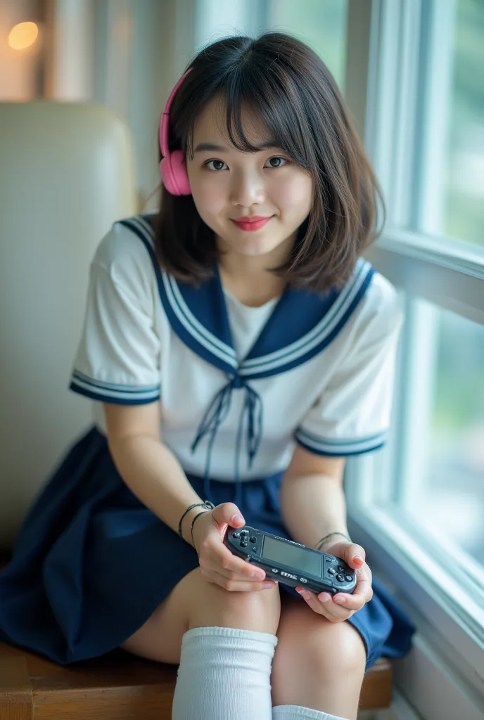 A young woman sits alone in a dreamy atmosphere with a blurred background (bokeh). Her eyes stare directly at the camera. She is wearing a Thai school uniform, white panties peeking out from a dark blue pleated skirt, and white knee-length socks on one sid...