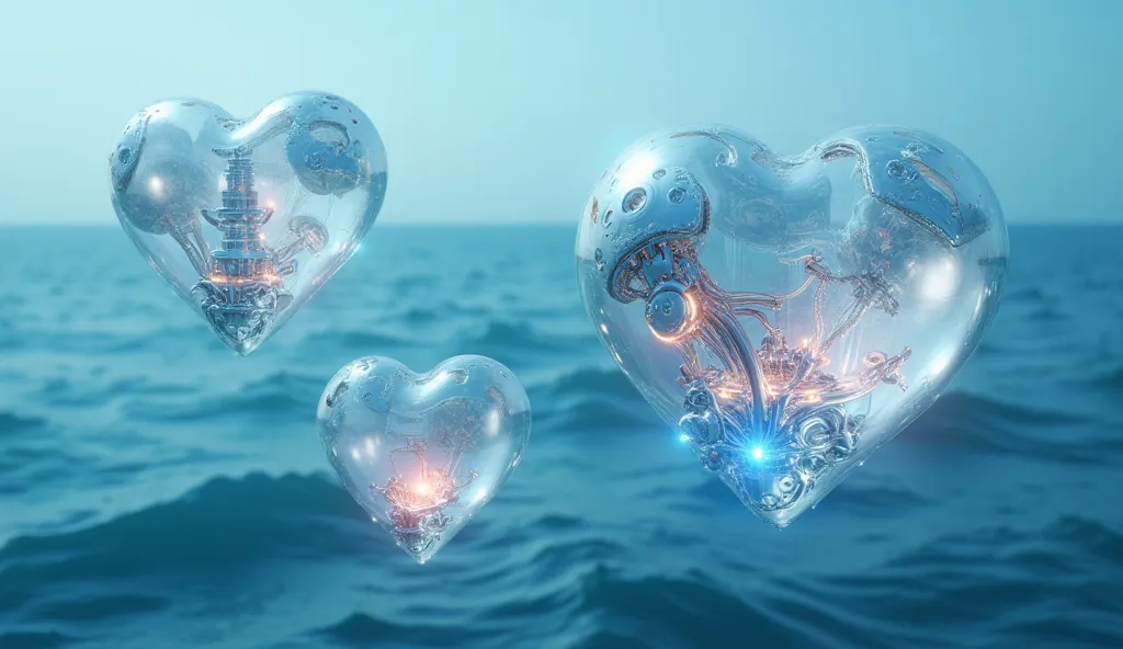 robotic Hearts flowing above the ocean.