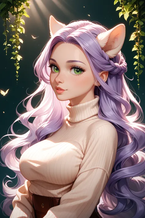  light purple hair, green eye,  long hair, Big Breasts, turtleneck, Beauty