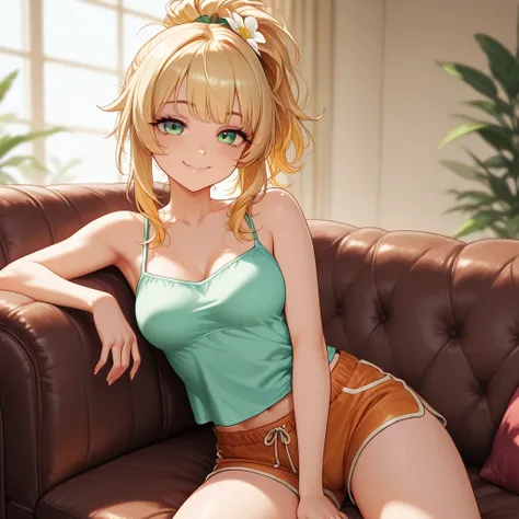 A petite and attractive blonde girl. She is dressed very cutely and comfy. She has flowered hair that is tied into a loose ponytail. ((Shorts)) (medium breasts), (bangs) (green eyes) ((lewd smile)) couch