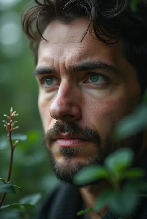 Close-up of the man’s face as he waits patiently for signs of growth, weeks and months passing by in a time-lapse fashion.