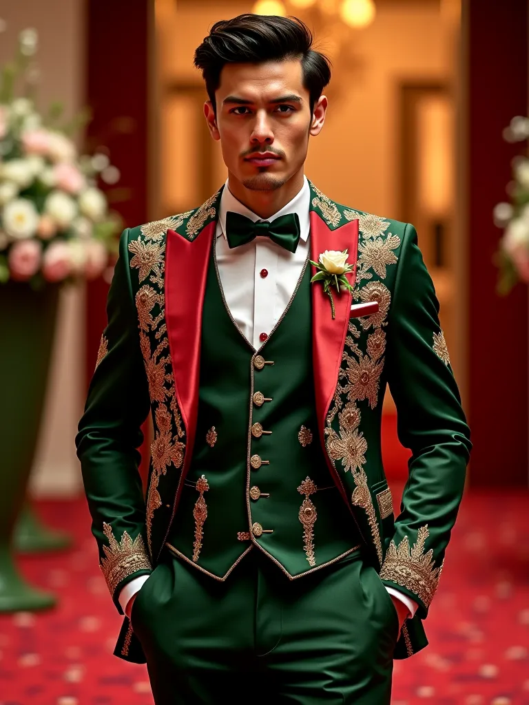 latest fashioned wedding reception grandeur ultra premium red and green coloured designer three piece suit with Ari Designs