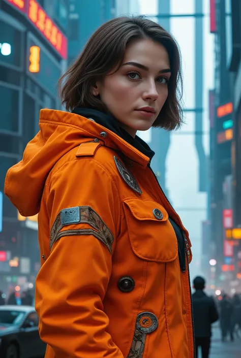 A、beautiful woman。works as an information agent in the cyberpunk world、wears a cyber military jacket containing orange。kind woman with crisp orange eyes and calm like an older sister。