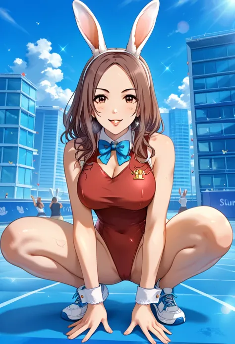 超 Hi-Res, masterpiece, t, 8k, 16k 、 、、 red leotard 、、Sports Park、 、、Four-legged、。 crouch、(( asian squats))、 Brown hair、Big Breasts、(( bunny girl))、(((( rabbit earsカチューシャ))))、sleeveless dress 、cowboy shot、 rabbit ears、((( Squat)))、((( crouch))) open、sit、 Ch...