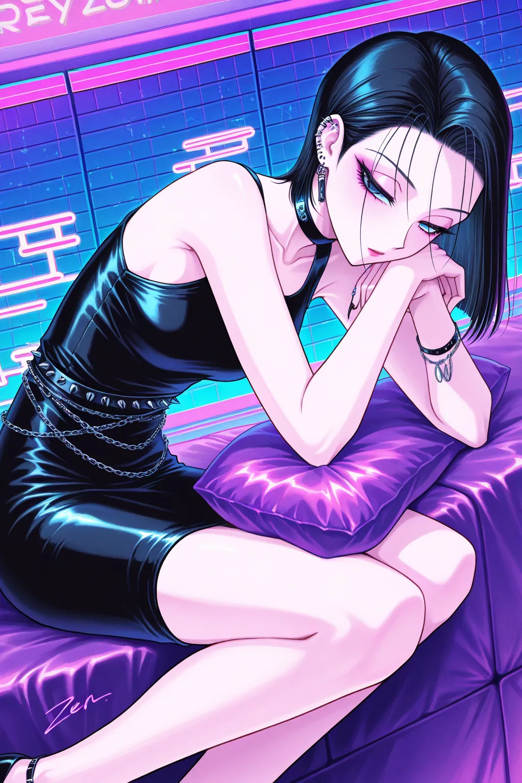  punk, cool beauty, solo woman, black hair, slender body, half-closed eyes, rest, Japanese exotic fashion, Zen motif room, geometric, Vaporwave,