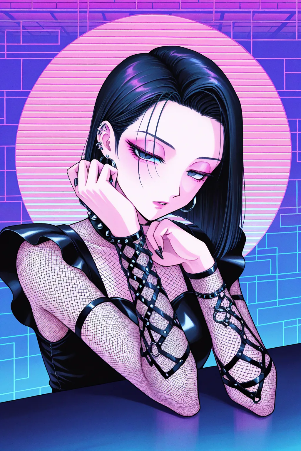  punk, cool beauty, solo woman, black hair, slender body, half-closed eyes, rest, Japanese exotic fashion, Zen motif room, geometric, Vaporwave,