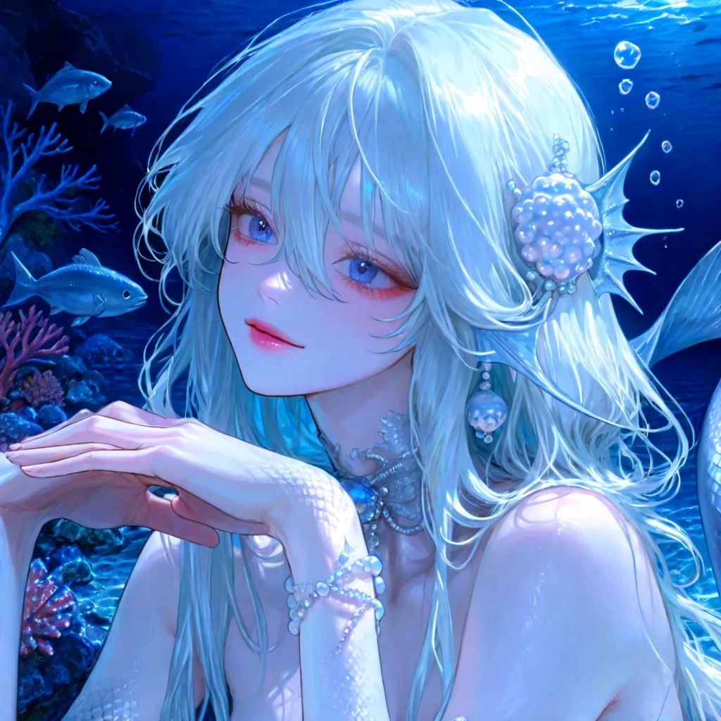 4k , 8k , High quality , HD , (only 1 female mermaid) , long random hair color with blue eyes , under the sea lanscape environment , novel , manhwa , good focus , hair details , very anime eyes detais , ร่างกายสมส่วน , anime eyes , good figured , lots of b...