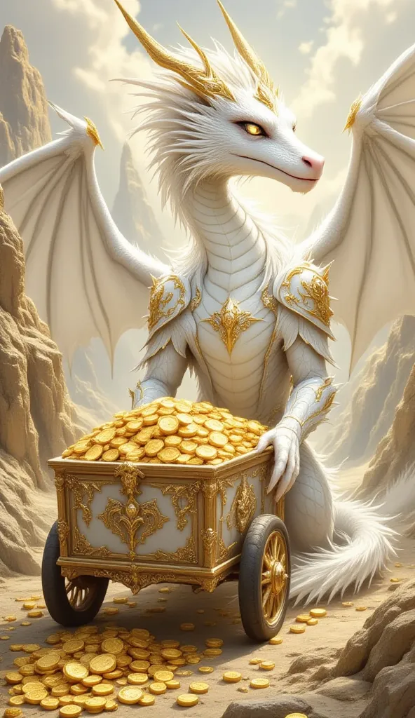 (best illumination, best shadow, masterpiece, best quality),  white  king dragon majestic, intimidating, powerful, epic, royal armor of white and gold with intricate details, clean lines, perfect illustration,The surrounding scenery is golden mountains, lo...