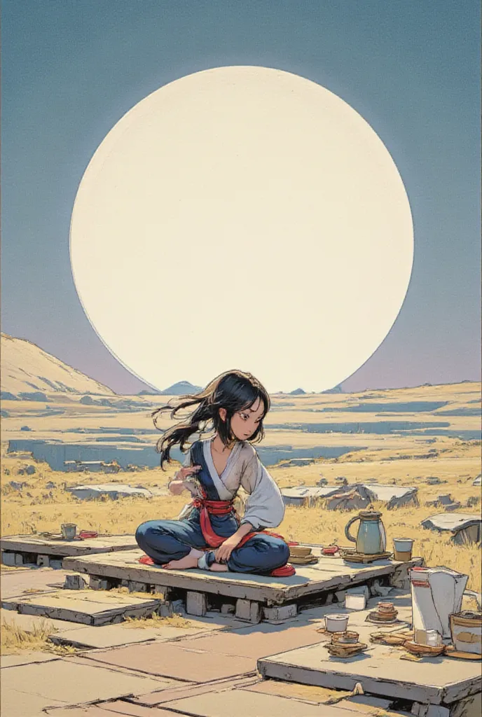 Night of a huge full moon , 1 tatami mat is placed on the prairie , 1 tea people hold a tea , A full moon that shines white , surreal コラージュ, a contemporary artistic コラージュ, collage art work, an  mulan with big long hair, straight hair