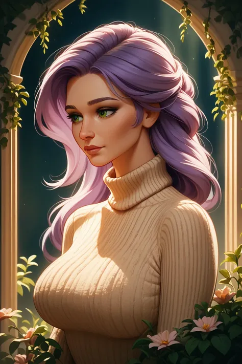  light purple hair, green eye,  long hair, Big Breasts, turtleneck, Beauty, Older sister