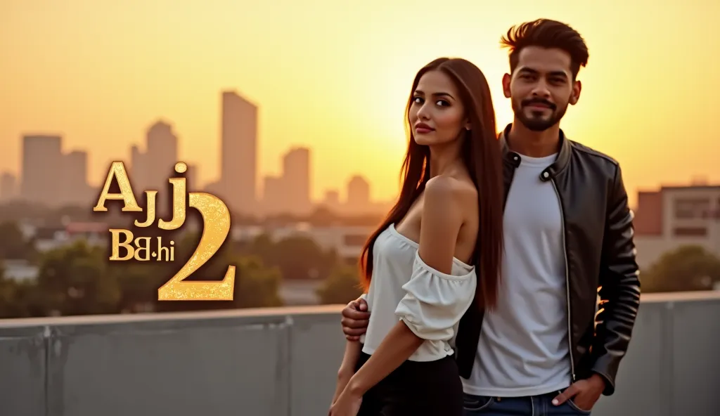 Hyper realistic 4k ultra-HD, 4K cinematic shot of a modern stylish Pakistani couple. On the Right side of the thumbnail, a scene of a couple standing on a rooftop with a city skyline in the background during golden hour. The woman, with sleek, straight hai...