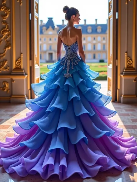    her graduation dress that shapes a train , The ,  has exactly the same color from blue to purple, Like 、 eye, 、 、  has huge petals spread out , background that shapes the train is the courtyard of the Palace of Versailles, giving the impression that,  v...