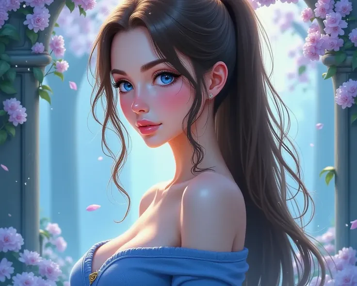 Girl
Long brown Loose Ponytail
Blue eyes
Skin Fair
Plum lips
Blue off shoulder sweater
Breasts
Have jewell.
Semi realism 