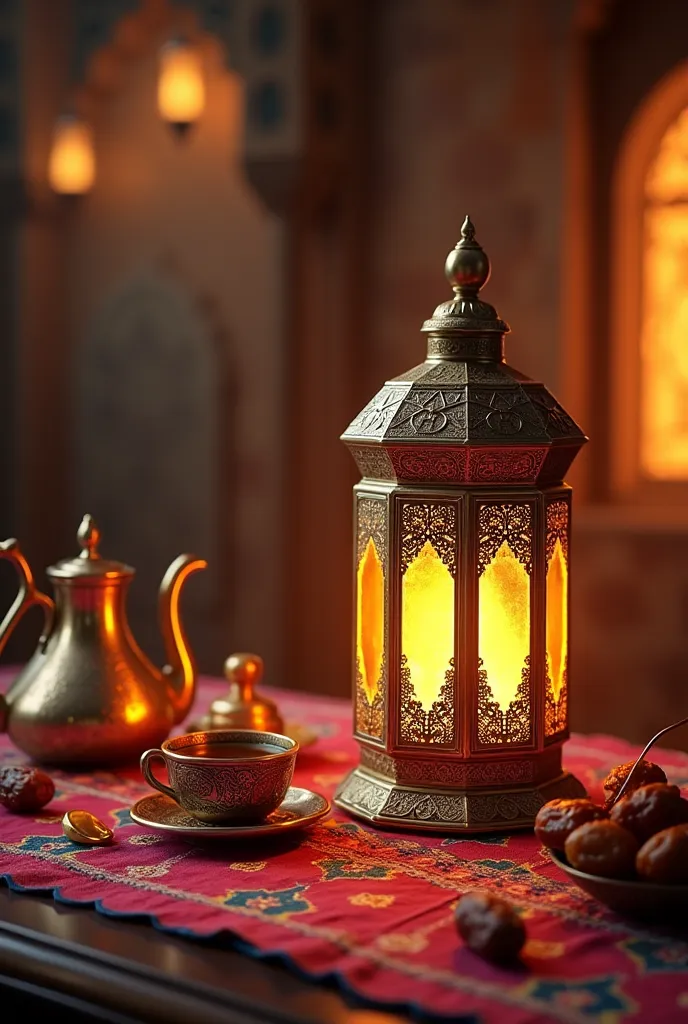 Ramadan lantern with Al Hilal, dates, coffee pot and Arabic coffee cup