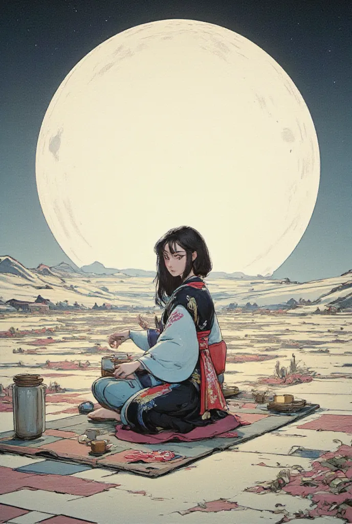 Night of a huge full moon , 1 tatami mat is placed on the prairie , 1 tea people hold a tea , A full moon that shines white , surreal コラージュ, a contemporary artistic コラージュ, collage art work, an  mulan with big long hair, straight hair