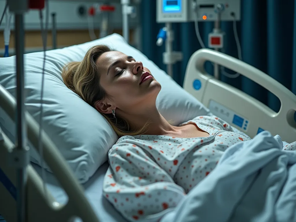  40-year-old woman , lying on a hospital bed, with devices to help breathe through the nose