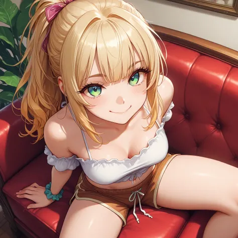 A petite and attractive blonde girl. She is dressed very cutely and comfy. She has flowered hair that is tied into a loose ponytail. ((Shorts)) (medium breasts), (bangs) (green eyes) ((lewd smile)) couch