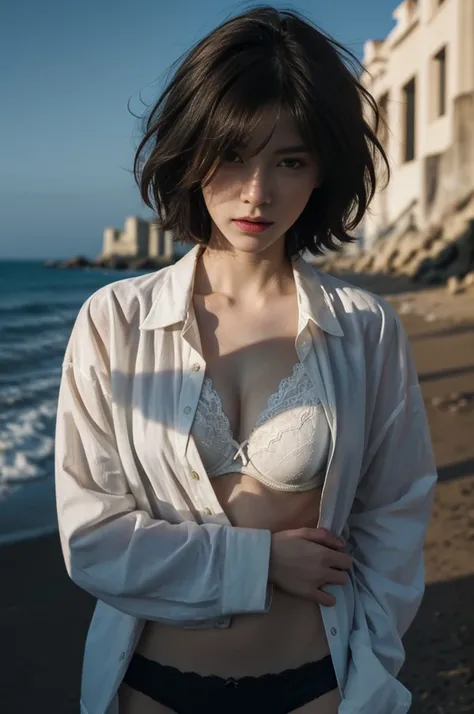 Best quality, masterpiece, ultra high res, (photorealistic:1.5), raw photo, 1girl, beach, deep shadow, low key, cold light, sexy look, short hair, ((cover with unbutton shirt)) ,( black bra and panties inside) ,ample bust, windy, full body