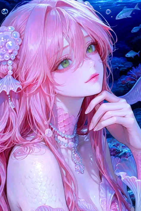 4k , 8k , High quality , HD , (only 1 female mermaid) , long random hair color with green eyes , under the sea lanscape environment , novel , manhwa , good focus , hair details , very anime eyes detais , ร่างกายสมส่วน , anime eyes , good figured , lots of ...