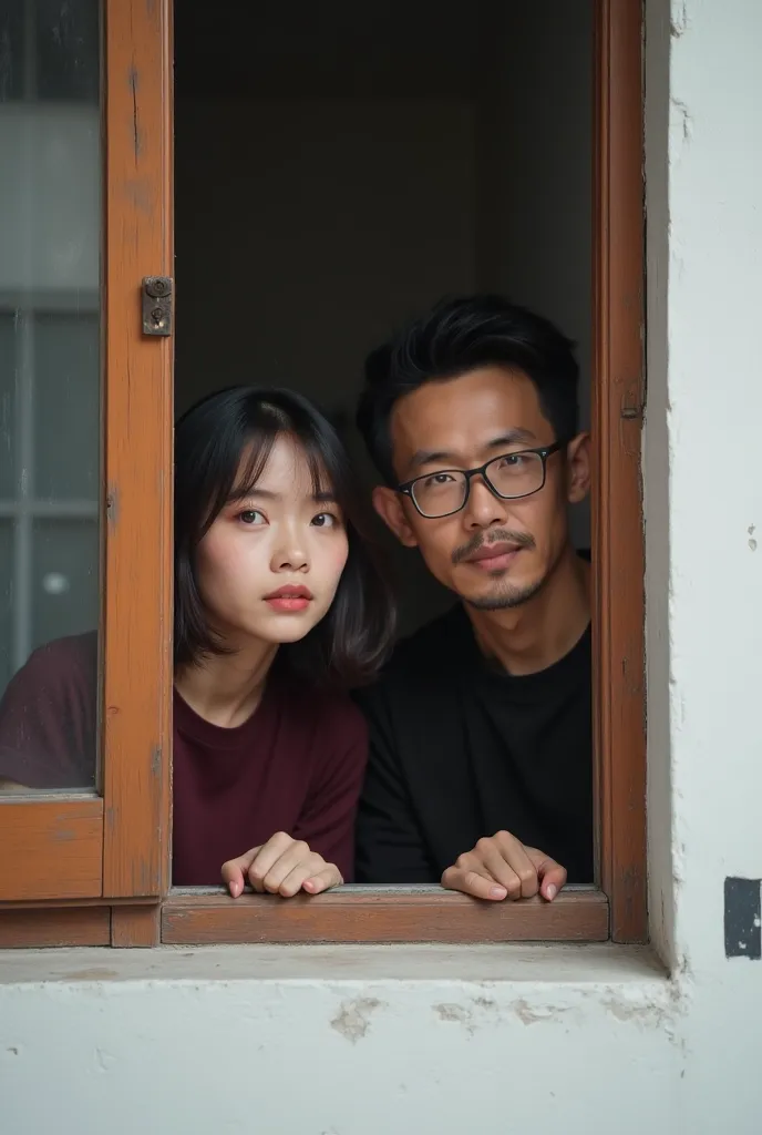 a 45 year old  Asian man(short hair,wearing a glasses) and Asian woman(wavy hair),wearing a dark maroon t shirt,is peering from behind a slightly open wooden window.  a white black checkered walls background