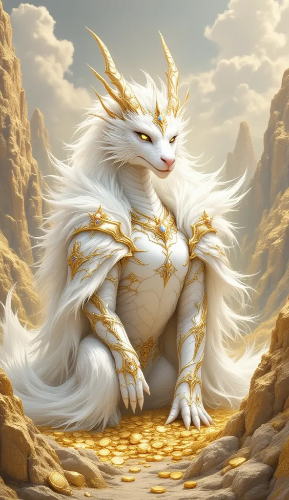 (best illumination, best shadow, masterpiece, best quality),  white  king dragon majestic, intimidating, powerful, epic, royal armor of white and gold with intricate details, clean lines, perfect illustration,The surrounding scenery is golden mountains, lo...