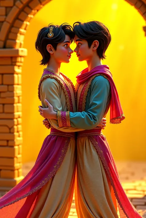 Two boys dressed like Aladin kissing in front of a yellow brick wall