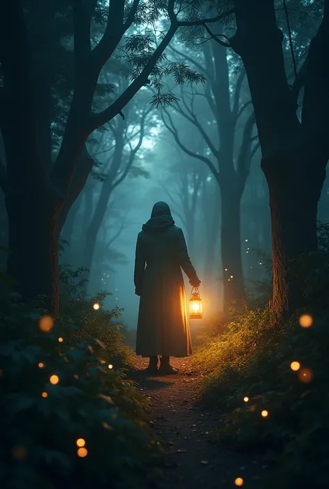 A person holding a glowing lantern in the middle of a dark forest, illuminating the path ahead, surrounded by fireflies, magical and inspirational atmosphere, cinematic lighting.