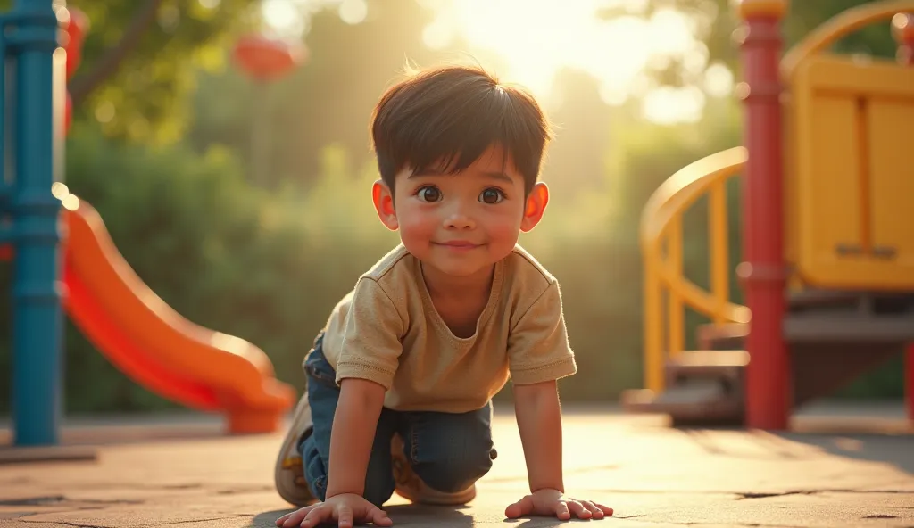 A young boy (6-) with one leg, sitting outside on a playground, looking determined. Bright lighting, hopeful expression, warm colors.