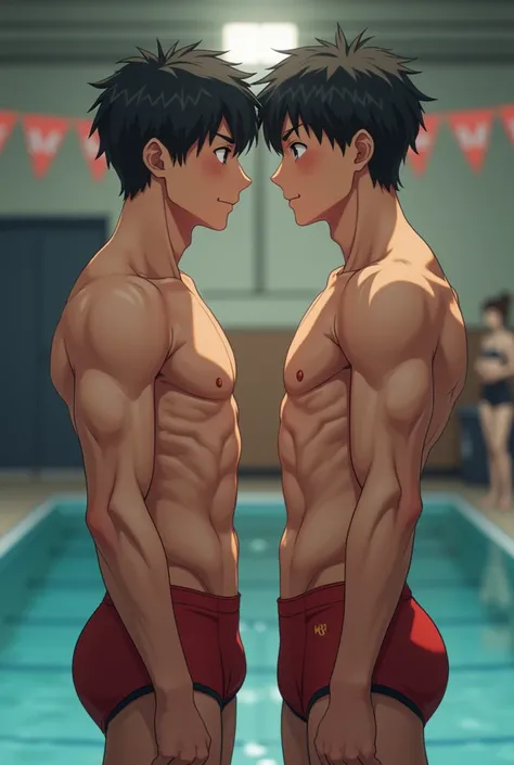 Japanese high school swim club boys　Muscular and baby-faced２people are wearing competitive swimming boomerang pants　２People are ashamed to kiss　 idol style　live-action